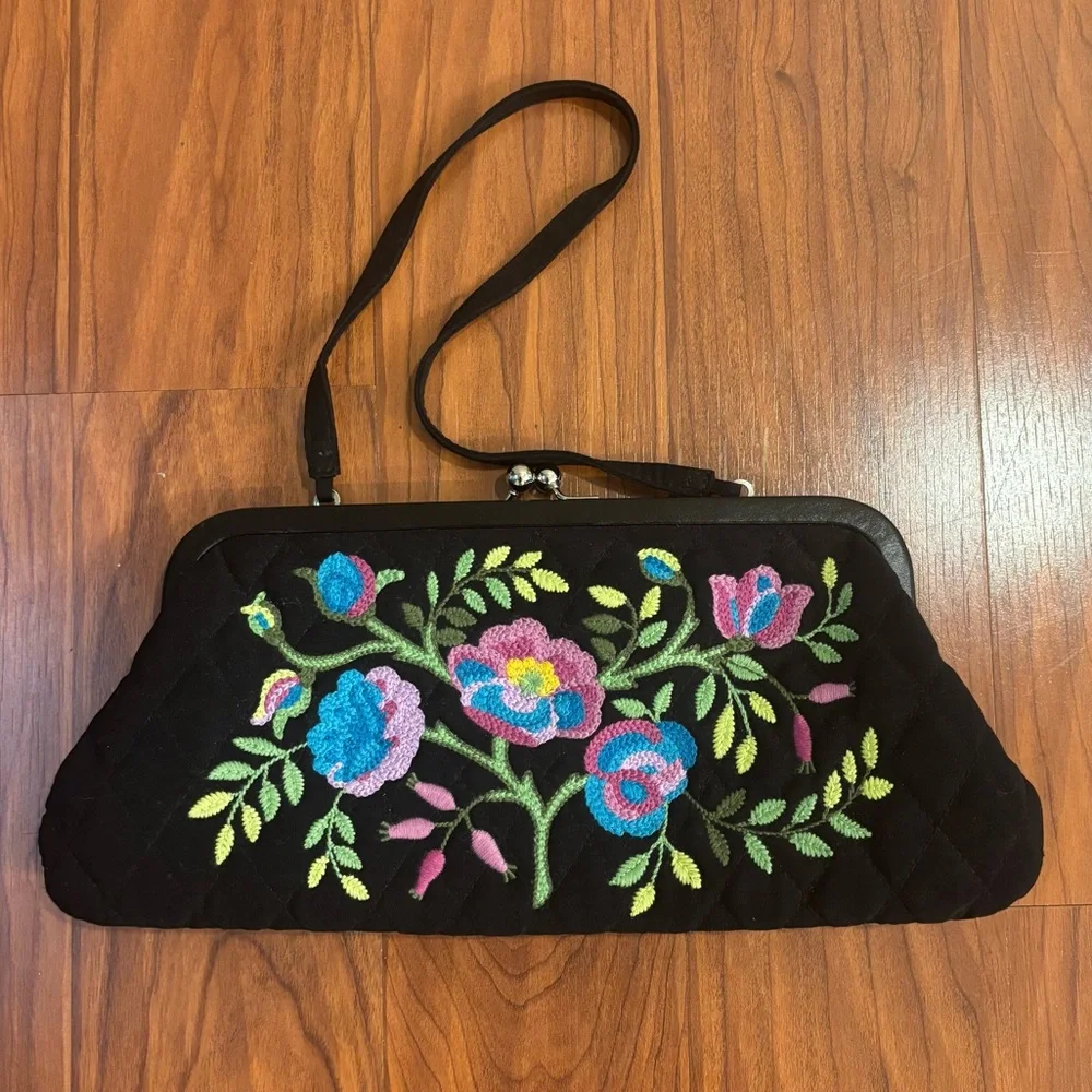 Vera Bradley Veronique Clutch Handbag Black Quilted Microfiber Floral Embroidery